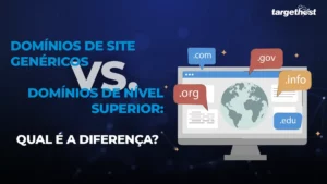 Título do post à esquerda e à direita um desenho de tela de computador com um desenho de mundo e balões de fala saindo da tela com diversos tipos de domínios.