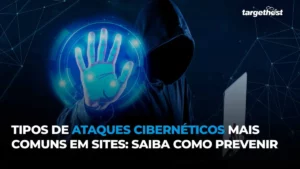 Ao centro, vinheta de pessoa com capuz estilo hacker, com a mão à frente luminosa azul e o título abaixo.