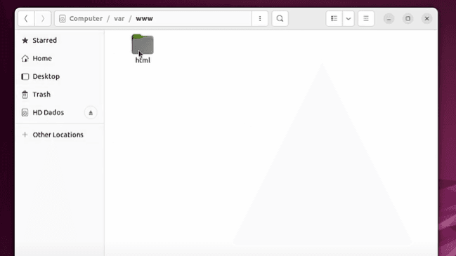 Localização da pasta "HTML", que deve ser acessada durante a instalação e configuração do servidor web Linux