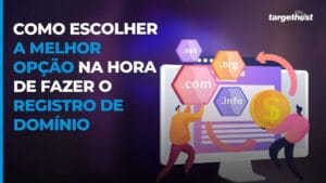 Ilustração de um computador e de duas pessoas, com exemplos de domínios muito utilizados pelos sites e o seguinte texto: como escolher a melhor opção na hora de fazer o registro de domínio
