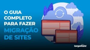 Ilustração com duas telas de computadores e um site sendo migrado, com o seguinte texto: o Guia completo para fazer migração de sites.