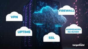 Imagem de bancos de dados com os termos VPN, Firewall, Uptime, hospedagem de dados e SSL, ligados a segurança de dados, dentro de nuvens brancas.