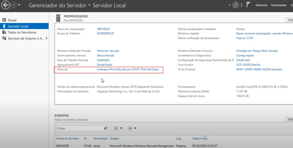 Configuração do IP para configurar Windows Server
