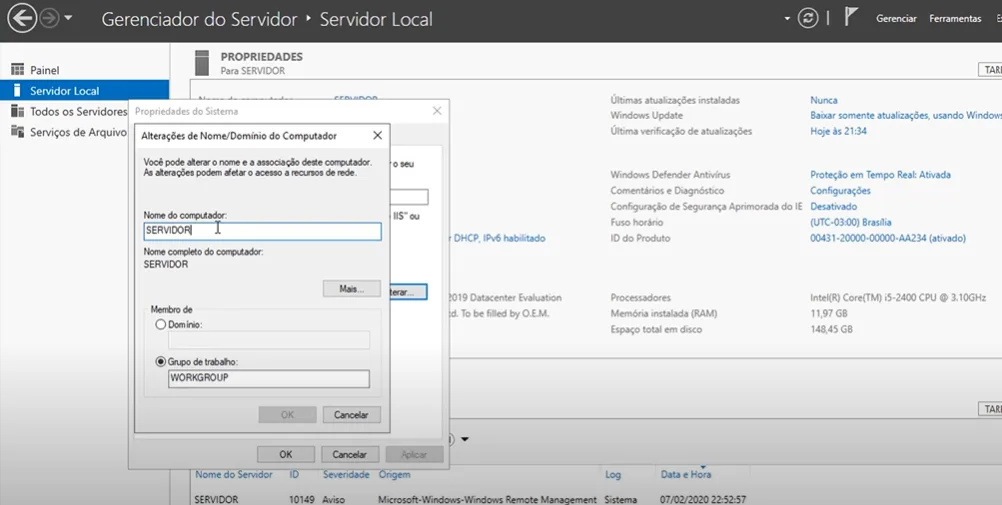Alteração do nome do servidor na hora de configurar o Windows Server
