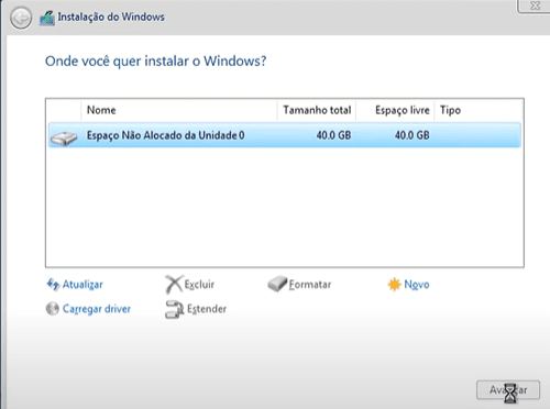 Partição do disco rígido na instalação do Windows Server