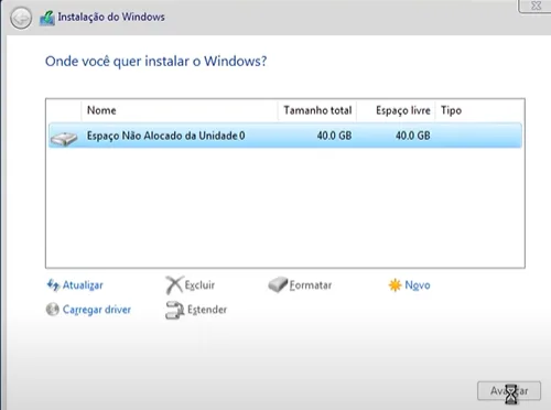 Partição do disco rígido na instalação do Windows Server