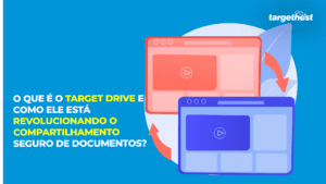 Ilustração de vídeos sendo trocados entre pessoas e o seguinte texto: O que é o Target Drive e como ele está revolucionando o compartilhamento seguro de documentos?