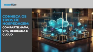 Imagem de uma placa de computador, com o seguinte texto: Conheça os tipos de hospedagem: compartilhada, VPS, dedicada e cloud
