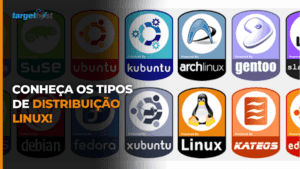Logos de diversos tipos de distribuição linux, com o seguinte texto: Conheça os tipos de distribuições Linx
