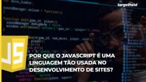 Logo do Javascript, com fundo de uma tela de computador com códigos de computação e o seguinte texto: Por que o Javascript é uma linguagem tão usada no desenvolvimento de sites?