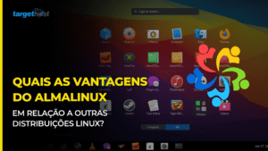 Logo do AlmaLinux na tela de um computador e o seguinte texto: Quais as vantagens do AlmaLinux em relação a outras distribuições Linux?