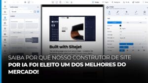 Print de um site sendo construído e o seguinte texto: Saiba por que nosso construtor de sites por IA foi eleito um dos melhores do mercado!