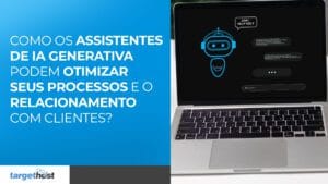 Chat de IA em tela de notebook perguntando ao usuário como ele pode ajudar. Ao lado, o seguinte texto: Como os assistentes de IA Generativa podem otimizar seus processos e o relacionamento com clientes?