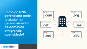 Esquema ilustrado mostrando diferentes formas de domínio (.com, .net, .org, .biz, .info) conectadas a uma única empresa e o seguinte texto: Como do DNS gerenciado pode te ajudar no gerenciamento de domínios em grande quantidade?