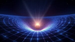 Malha do espaço-tempo curvada por uma esfera luminosa, ilustrando a relatividade geral e por que Einstein era um gênio